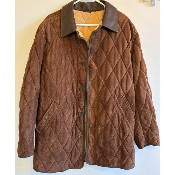 VTG 90s Quilted Brown Leather Wool Jacket Italian Designer Gimo’s Chore Coat L - Picture 3 of 16